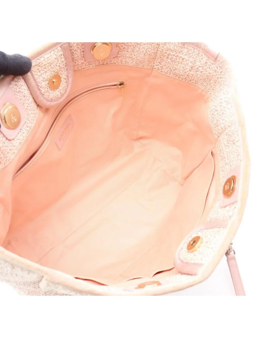 Chanel Tote Bag Deauville Pink Fabric Leather Chain MM
